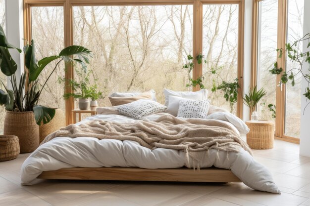 Photo wooden bed with bedding against of window nordic interior design of modern bedroom with many housep