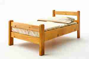 Photo a wooden bed with a white sheet that says  the bed is made by wood