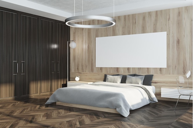 Wooden bedroom corner with a wooden floor, a master bed with bedside tables and a long horizontal poster hanging above it. 3d rendering mock up