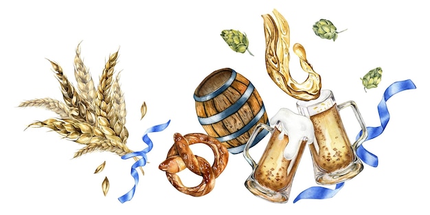 Деревянная пивная бочка и брызги пива акварельные иллюстрации изолированы на белом