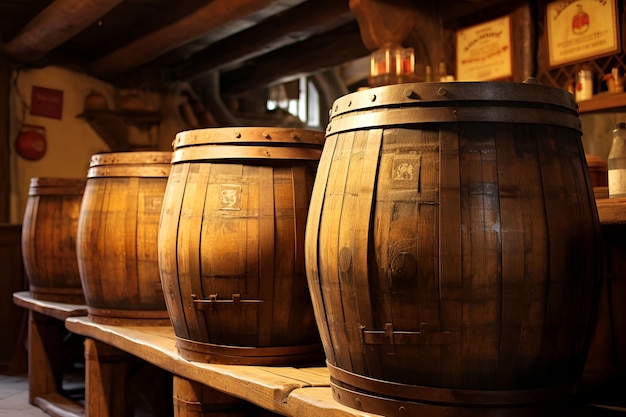 Wooden beer barrels in a bar ai generation