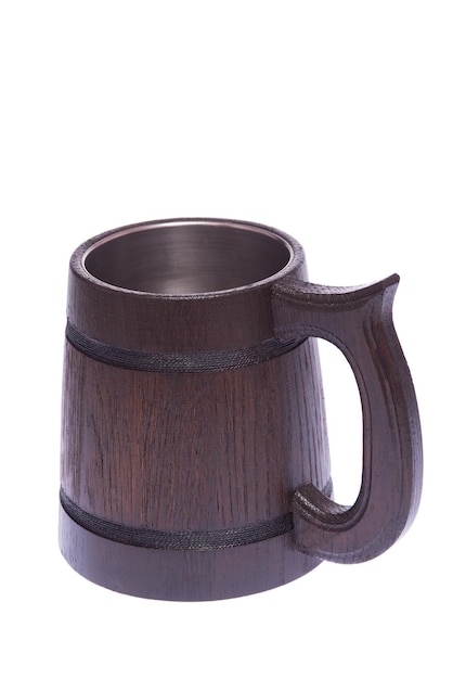 Wooden beer mug on a neutral white background