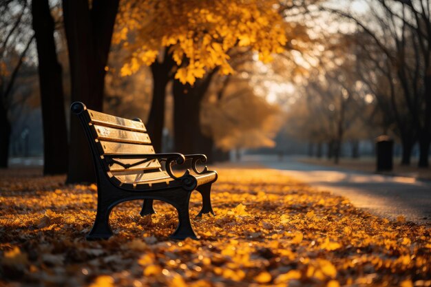 夜明けの秋の公園の木のベンチ 黄葉 生成AI
