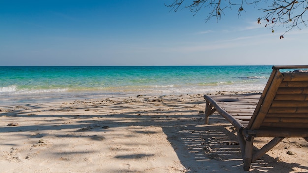 Wooden bench on the beach with tree