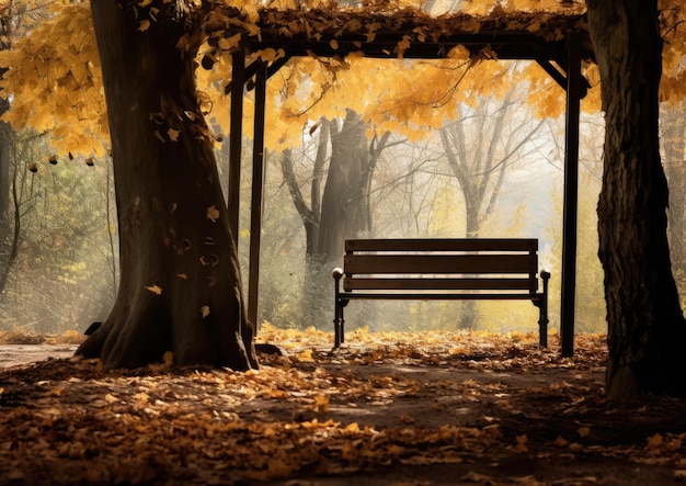 Деревянная скамейка под сенью осенних листьев.