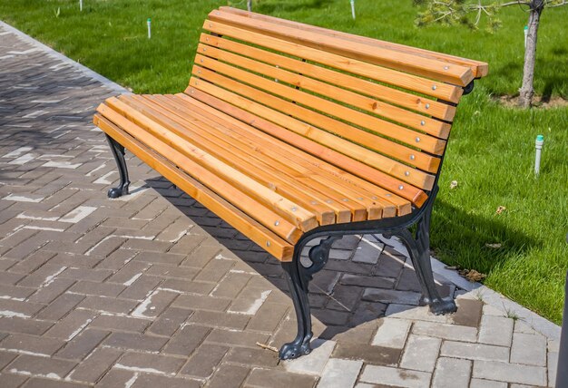 Wooden bench closeup in city park in spring