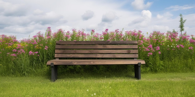 A wooden bench in a field with a field of flowers in the background.