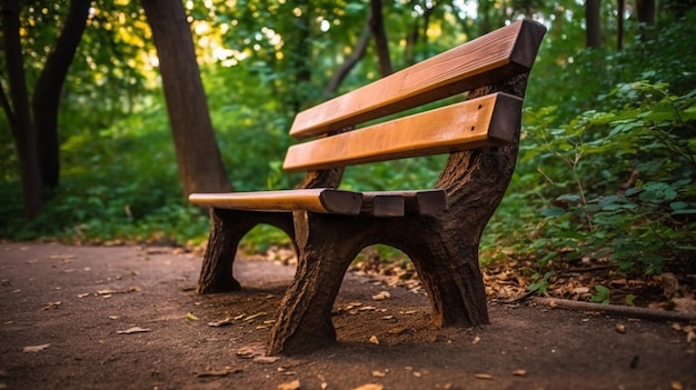 A wooden bench in a forest with the word tree on it