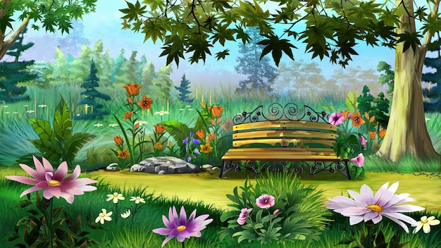 Wooden bench in the garden illustration