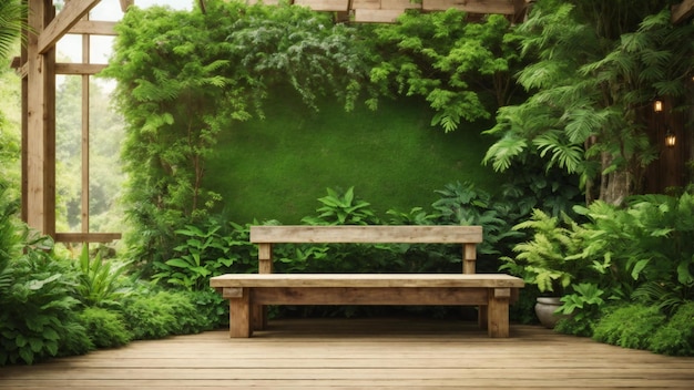 a wooden bench is sitting on a wooden platform