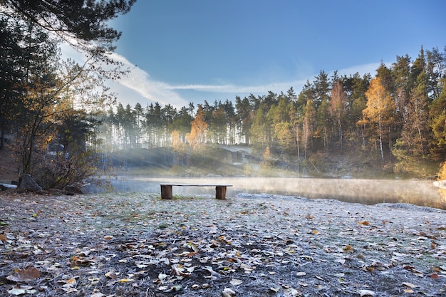 Wooden bench on the lake shore