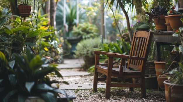 Wooden bench in a lush garden pathway inside a greenhouse Retreat and natural ambiance concept