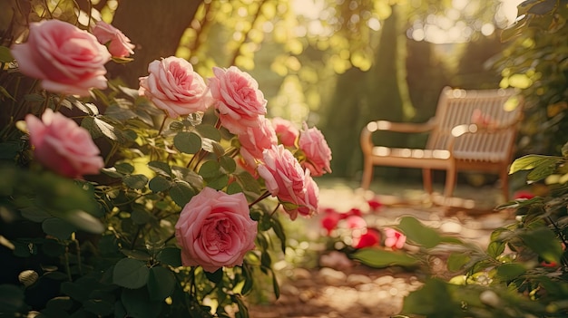 Wooden Bench in Middle of Garden Spring