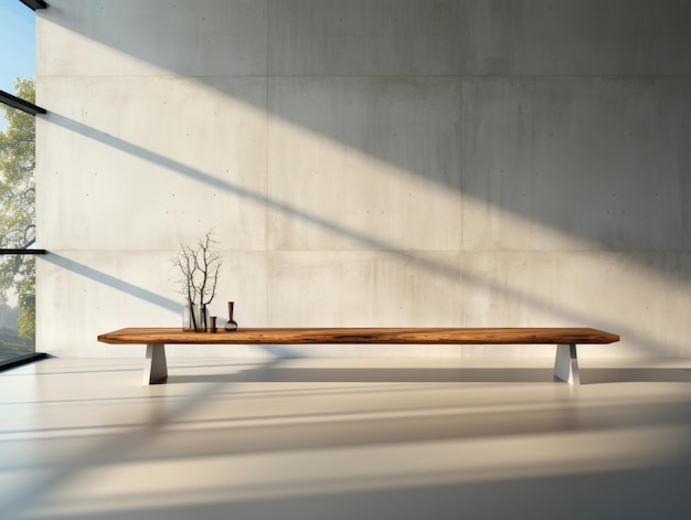 Wooden bench in modern gallery room with concrete walls and floor and window with sunlight Generative AI