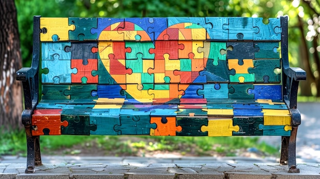 A wooden bench in the park made of colored elements in the form of puzzles