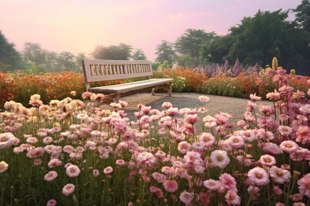 Wooden bench in the park with pink flowers and green grass