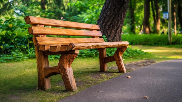 A wooden bench in a park with trees in the background