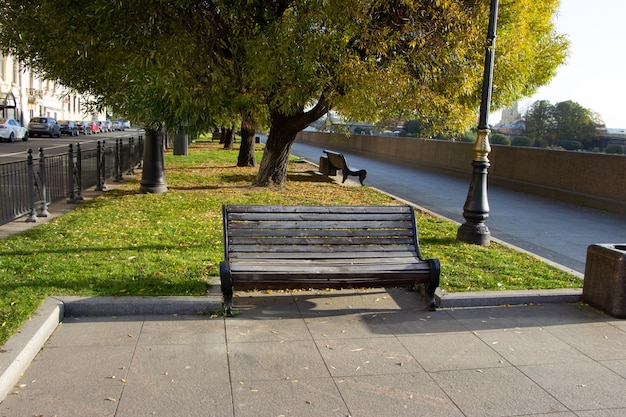 A wooden bench in the promenade