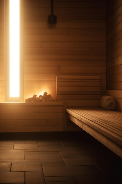 A wooden bench in a sauna with a towel on it.