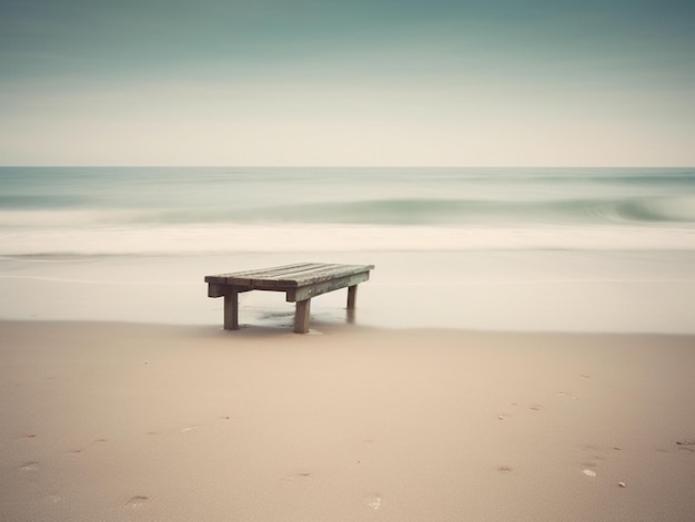 A wooden bench sits on the beach in front of the ocean.