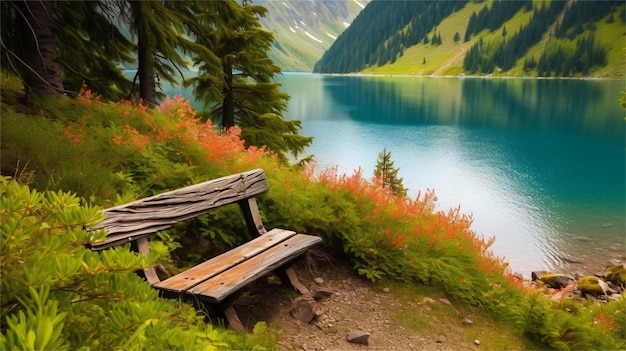 A wooden bench sits in front of a lake and mountains.