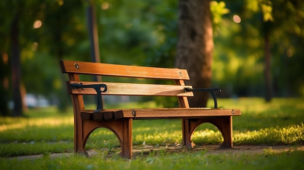 A wooden bench sits in a park with the sun shining on it