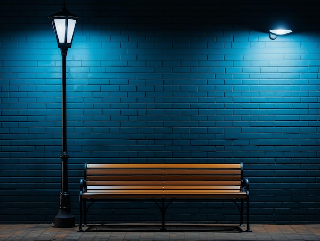 A wooden bench sitting in front of a blue brick wall