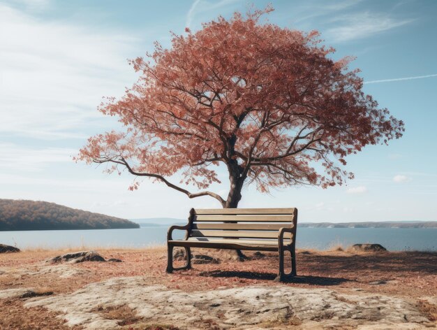 a wooden bench sitting in front of a tree