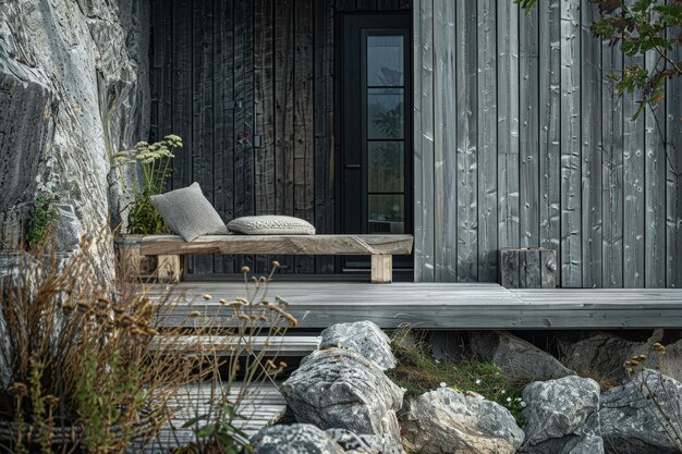 A wooden bench sitting on top of a wooden deck