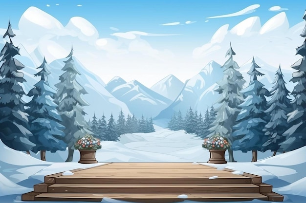 Foto a wooden bench in the snow with a snowy landscape in the background.
