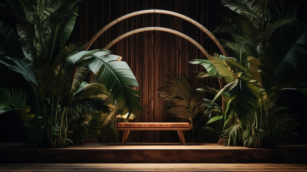 A wooden bench stands on a platform among plants with large green leaves Generative AI