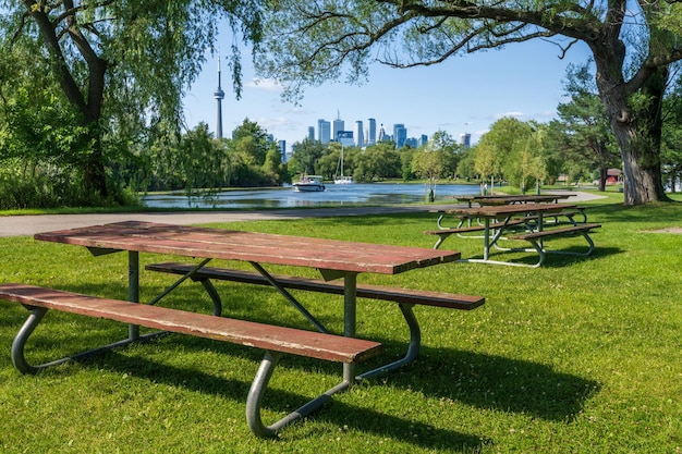 Wooden Bench in the Toronto Islands Park Centre Island Toronto Ontario Canada