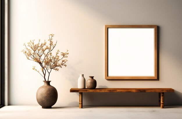 A wooden bench and vase on the floor with an empty frame