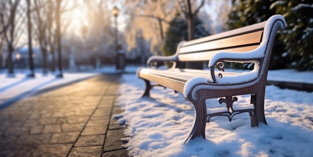 Wooden bench in the winter park with snow and frost on cold eveningAI Generative