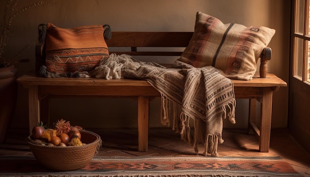 A wooden bench with a basket of apples and a pillow with a blanket on it.