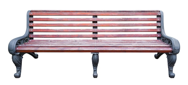 wooden bench with black metal legs and armrests with ornate patterns isolated on a white