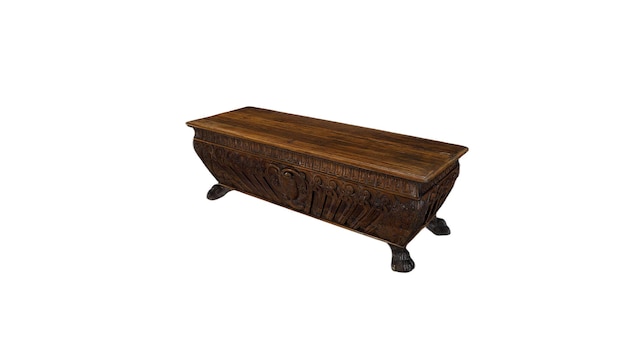 A wooden bench with carved wood on the front.