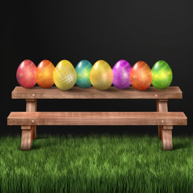 A wooden bench with easter eggs on it and a black background