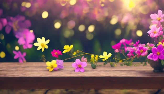 A wooden bench with flowers on it