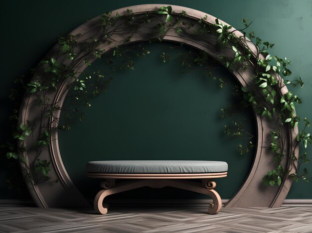 wooden bench with green leaves outdoors