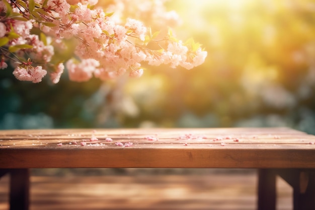 A wooden bench with a pink flower petals on it