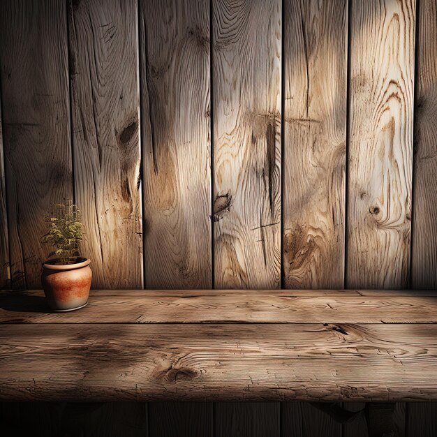 a wooden bench with a plant on it and a pot on the table