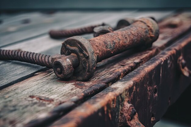 Wooden bench with rusty nails protruding from the surface Generative AI