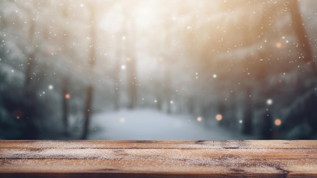 A wooden bench with snow on the ground and a snowy background.