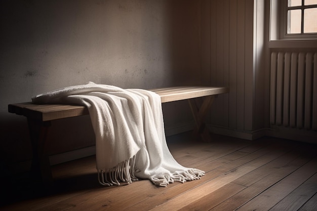 A wooden bench with a white blanket on it and a window in the background.