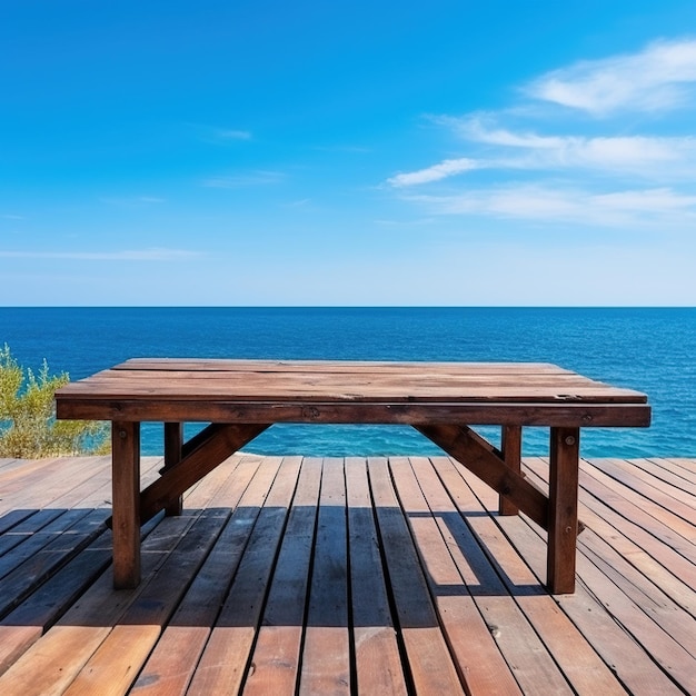 A wooden bench on a wooden platform overlooking the sea