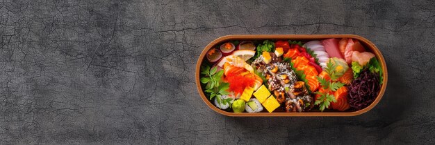 Wooden bento box with assorted sushi and sashimi