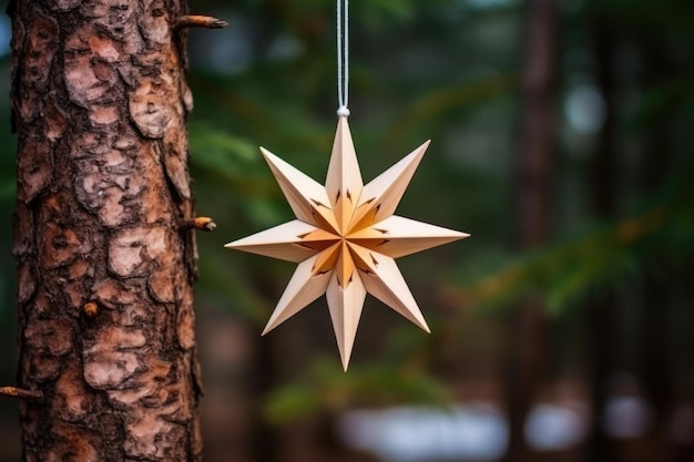 Wooden bethlehem star hanging on a pine branch