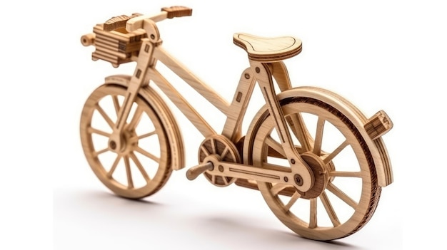 A wooden bicycle with a basket on the front.