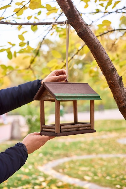 Wooden bird feeder that stays overwintering in city in winter. man hangs bird feeder on tree